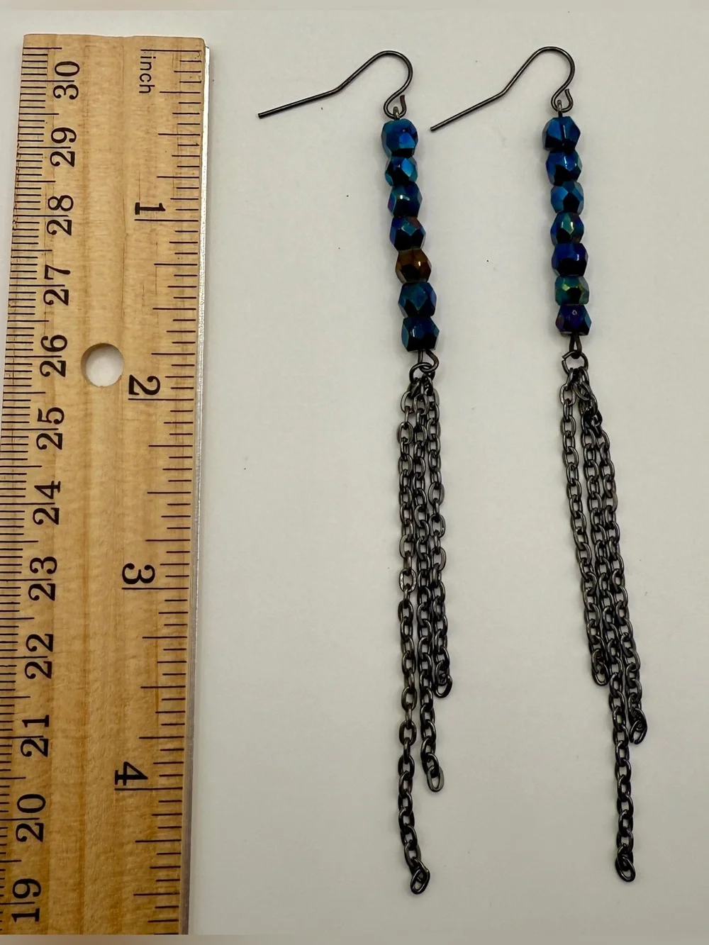 OOAK 4.5”L Vintage Glass Beaded Earrings w/ Gunmetal Chains Custom Handmade